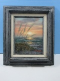 Original Oil on Board Beach Scene At Sunset Depicts Sea Oats Gentle Ocean Reflected Sun Artist