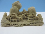 Vintage Intricately Heavily Carved Soap Stone Depicting Mountain Village Chinese Sculpture-
