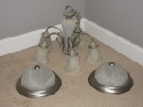 Lot 5-Light Brushed Nickel Chandelier Glass Marbleized Shades & Font, Pair Round Flush Mount