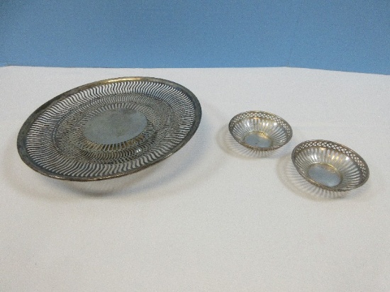 3pcs Nickel Silver Lattice Pierced Footed 9 3/8" Shallow Dish & Pair 3 1/4" English Reticulated