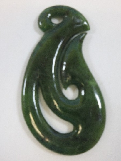 Hei Matau Traditional Maori Fish Hook Carved Jade 3 1/8" Pendant Symbolism Prosperity
