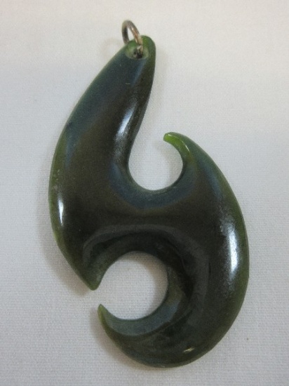 Hie Matau Fish Hook Carved Jade 2 1/4" Pendant Represents Prosperity & Abundance