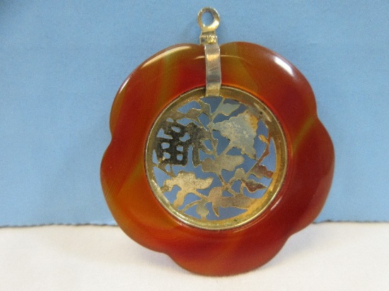Vintage Chinese "Fu" Symbol Pendant "Good Fortune" Gold Tone & Banded Carnelian Agate