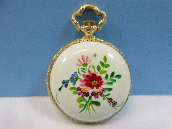 Refined Vintage Ladies Bucherer Pendant Watch Jewels Hand Painted Floral Spray Gold Tone