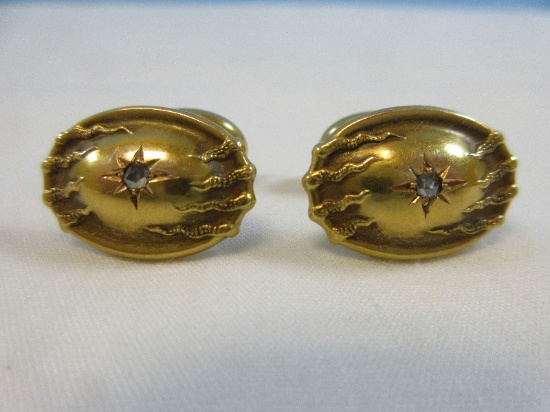 Pair 14kt Gold Cuff Links Art Nouveau Starburst w/Center Diamond