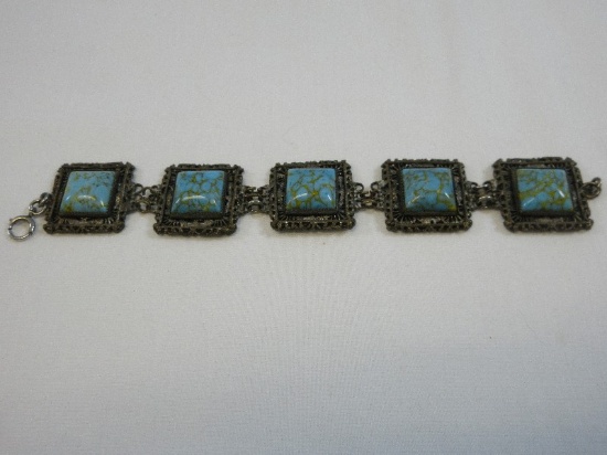 1/20 12kt Gold Filled Bracelet Features 5 Square el Set Turquoise Stones Surrounded by