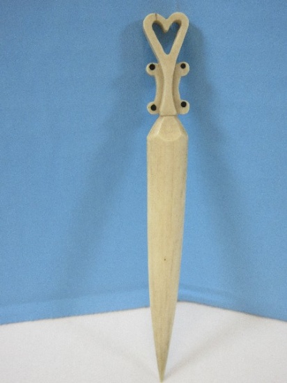 Early Egyptian Stylized Letter Opener Heart Shape w/Black Accents Carved Bone
