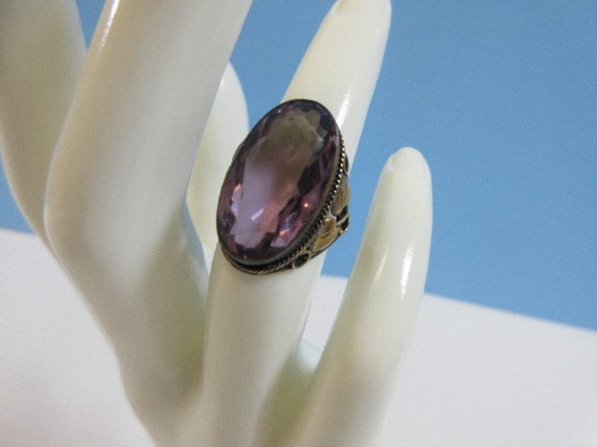 Statement Ring Art Nouveau Stylized Large Oval Cut Amethyst Decorative Leaves & Rope Trim