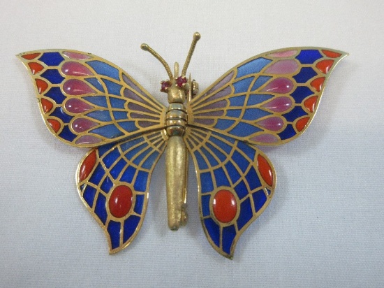 18k Gold Stunning Plique-A-Jour & Ruby Yellow Butterfly Brooch Made in Spain Circa 1970's