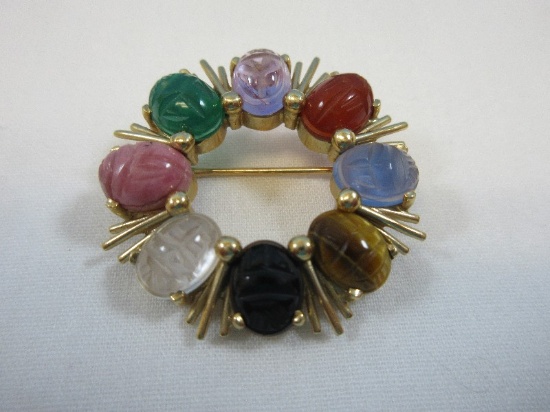 Vintage Scarab Beetle Brooch Egyptian Stylized Design Features 8 Different Colored Gemstones