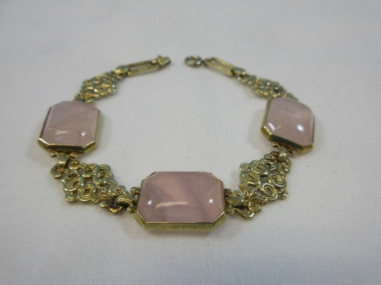 Gorgeous 14k Gold Intricate Filigree Link Bracelet Pink Rose Quartz Gemstones Rose Quartz is