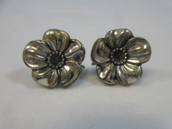 Pair Sterling Silver Jewel Art Flower Turn Back Earrings Reminiscent of Art Nouveau Design