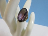 Statement Ring Art Nouveau Stylized Large Oval Cut Amethyst Decorative Leaves & Rope Trim