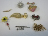 Vintage Brooch Collection Dazzling Rhinestone Snowflake Starburst, Monet Gold Tone Textured