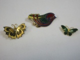 Lot Adorable Celtic Dublin Ireland Bird Brooch, 2 Butterfly Brooches Black/Gold Tone & C.C.
