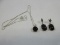 3 pc. Jewelry Set 925 Sterling Silver Box Chain Necklace w/ Floating Cabochon Black Onyx