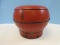 Red Lacquer Vintage Chinese Wooden Rice Basket Container and Lid Metal Banding Around