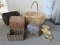 Lot Large Basket, Wire Frame Storage Basket, Hinged Keepsake Woven Bamboo Chest, Woven