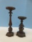 2 French Inspired Polyresin Pillar Candle Stand Ornately Embellished Antique Patina