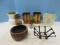 Lot Wrought Iron Footed Basket Embossed Tin Planter w/ Liner, Plastic White Urn, Pair Tin