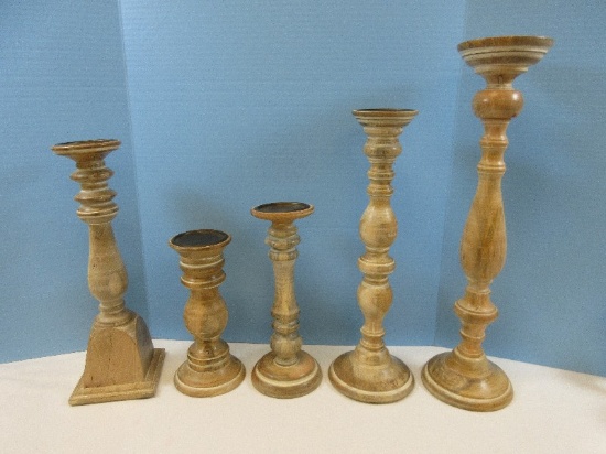 Vignette of 5 Ring Turned Solid Wood Pillar Candle Stand White Washed Finish Various Height &
