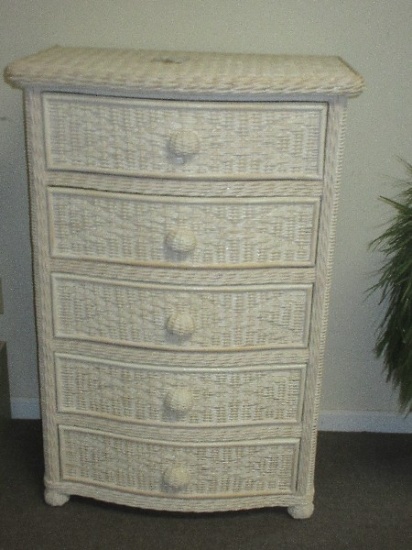 White Wicker Traditional Design Bowfront Chest of Drawwers on Bun Feet