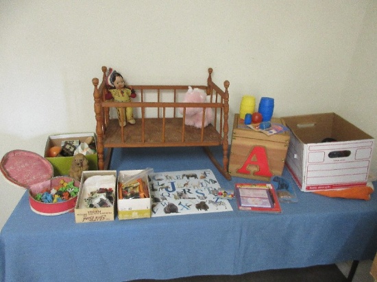 Lot Vintage Maple Doll Cradle,Barrel of Monkeys Games,Vintage Native American Doll Painted