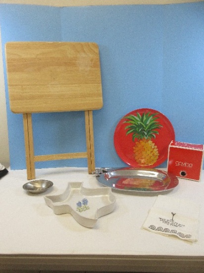 Lot Birchwood Folding TV Tray,IHI Palm Tree Aluminum Oval Platter 16 1/2", Set of 4 New Govina