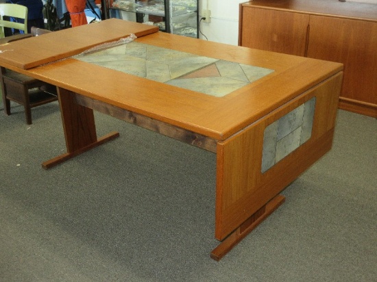 Rare Find Mixed Wood Vintage Mid Century Modern Dropleaf Table w/Tile Insert Geometric