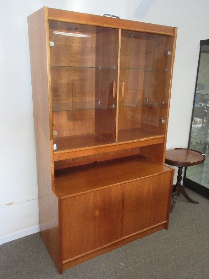 Rare Danish Mid Century Modern Teak 2pc Lighted Step Back Hutch Clean Lines & Minimalist