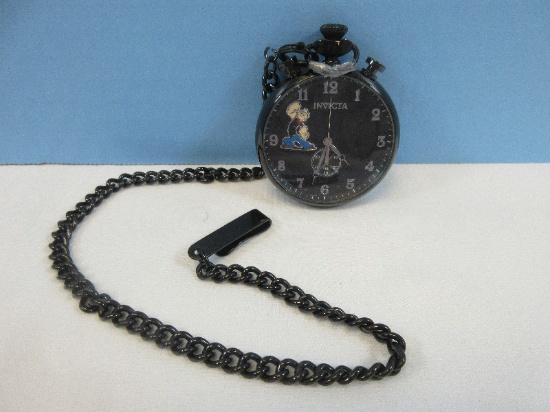 Invicta Character Collection Popeye Black Dial Men's Pocket Watch Fixed Icon Silver Tone