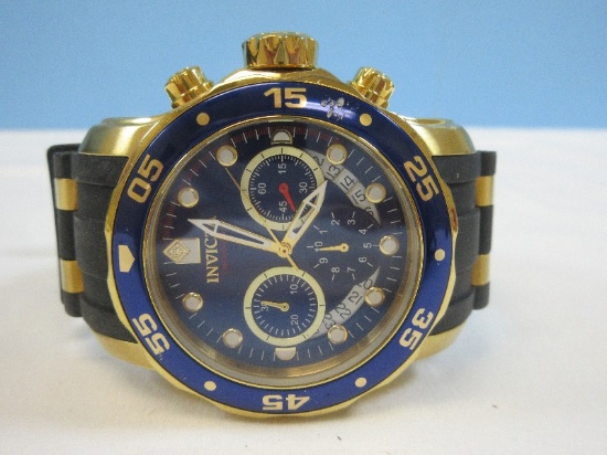 Invicta Chronograph Pro Diver Scuba Men's Watch Stainless Blue/Gold Tone Bezel Quartz Black/