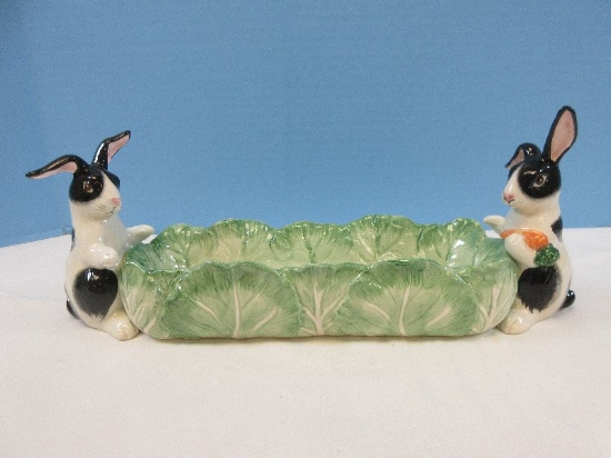 Fitz & Floyd Kensington Rabbit Collection 13 1/4" Celery Server 2 Figural Bunnies & Cabbage
