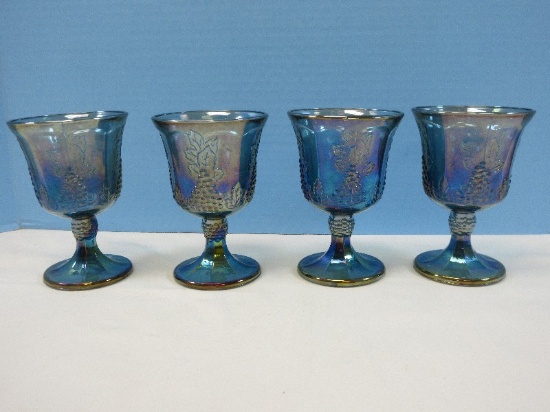 Set of 4 Colony Blue Carnival Pressed glass Harvest Pattern Grape & Leaves Design 5 3/8" Water