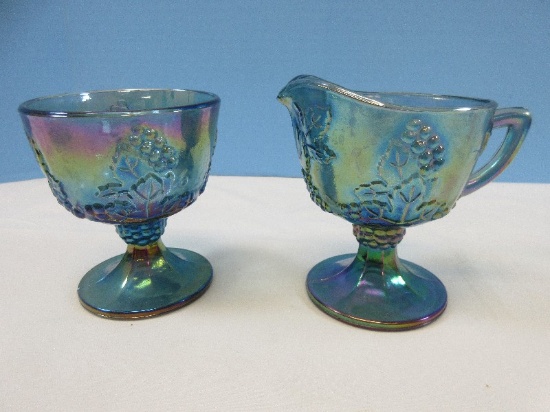 Pair Colony Blue Carnival Pressed Glass Harvest Pattern Grape & Leaves Design Footed Creamer