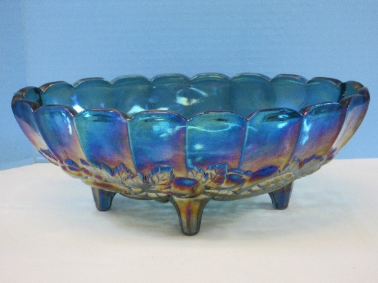 Colony Blue Carnival Pressed Glass Harvest Pattern 4 Toed 12" Oval Centerpiece Bowl.Est. $69.95