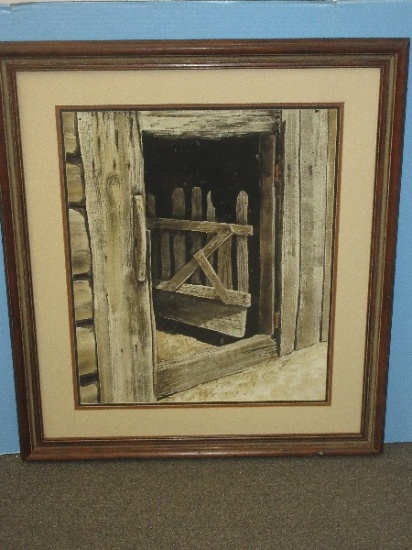 Original Watercolor Depicting Old Weathered Barn Door Calf Stall Slightly Ajar Artist Signed