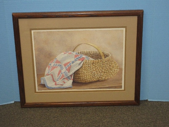 Titled "Quilt in Basket" Original Watercolor Artist Signed Mary A. Hall Local NC Artist in Oak