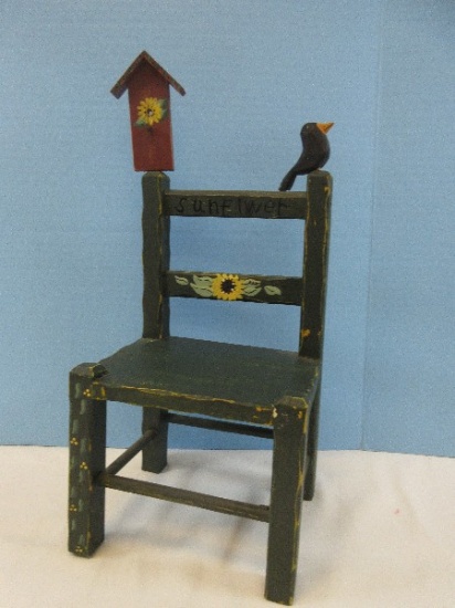 Adorable Primitive Sunf Iwer Wooden 12" Chair Bear or Doll Hand Painted w/Birdhouse & Crow