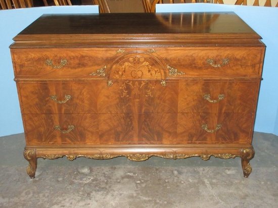 Refined Antique French Louis XV Style Flame Grain Mahogany Dresser 3 Dovetail Drawers w/