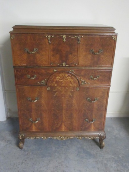 Magnificent Antique French Louis XV Style Flame Grain Mahogany Chest of Drawers Ormolu Pulls