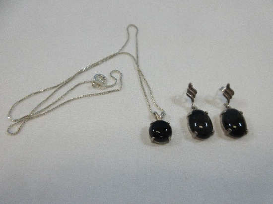 3 pc. Jewelry Set 925 Sterling Silver Box Chain Necklace w/ Floating Cabochon Black Onyx