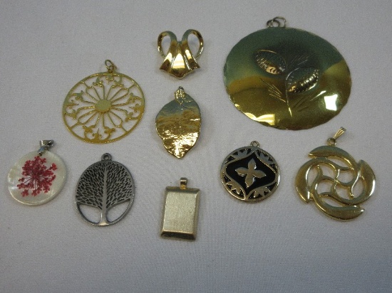 Jewelry Lot Pendant Camellia, Leaf, Mother of Pearl Pink Floral Spray, Signed Ken Kantra