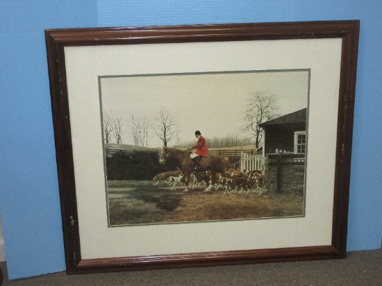 Traditional English  Hunt Scene Horseback Rider and Pack of Hounds Titled "Orange County