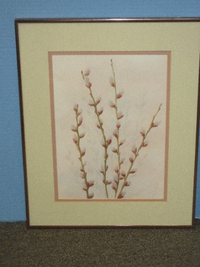 Pussy Willow Branches Original Watercolor Artist Signed J. Wood In Metal Frame 16" x 20"