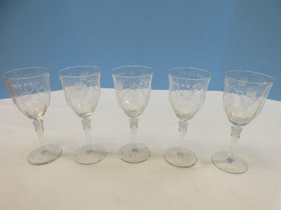Set of 5 Rock Sharpe Depression Cut Crystal Mosque Rose Pattern Stem 2009 Cut Floral & Dot