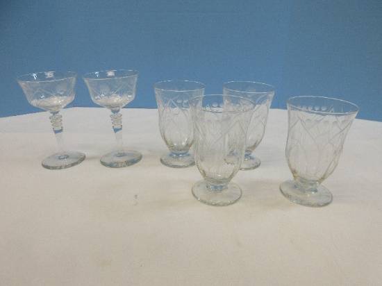 Set of 6 Rock Sharpe Depression Cut Crystal Mosque Rose Pattern Stem 2009 Cut Floral & Dot