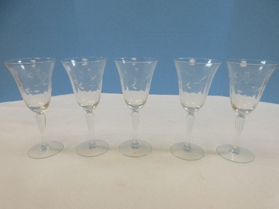 Set of 5 Etched Gray Foliage Stem Flower 7 5/8" Stemware Goblets Optical Panel Bowls