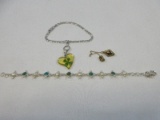 Lot 925 Sterling Figaro Bracelet w/4 Leaf Clover Heart Charm,925 Sterling Bracelet Alternation