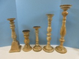 Vignette of 5 Ring Turned Solid Wood Pillar Candle Stand White Washed Finish Various Height &
